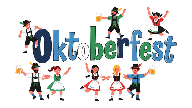 Oktoberfest Celebration with Traditional German People and Beer Mugs: A lively illustration depicting a group of people dressed in traditional Bavarian attire.