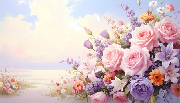 Vibrant bouquet of pink roses and mixed flowers, wide corner composition for romantic decoration, digital artistic painting with soft lighting on a dreamy pastel sky background.