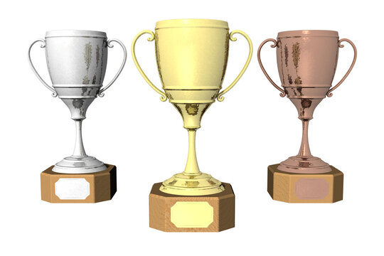 Tre trofei oro, argento e bronzo su base in legno. Simbolo di podio, successo, classifica e riconoscimento. Ideale per temi sportivi, aziendali, motivazionali e celebrativi.