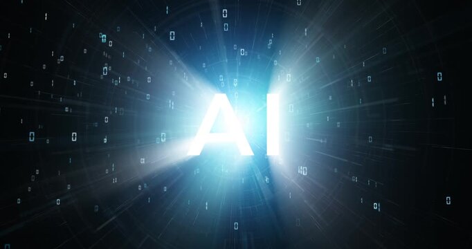 Digital computer binary numbers with AI caption and lines cyberspace network.