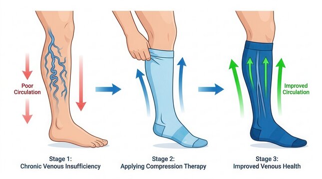 Medical education infographic showing three stages of compression stockings for improved blood flow.
