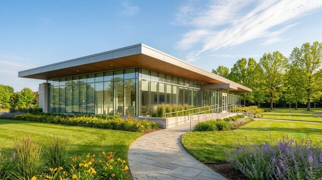 Modern healthcare building featuring glass walls and an accessible ramp entrance.