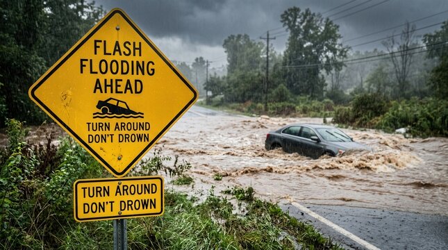 Yellow warning sign for flash flooding ahead on a flooded road during severe weather.