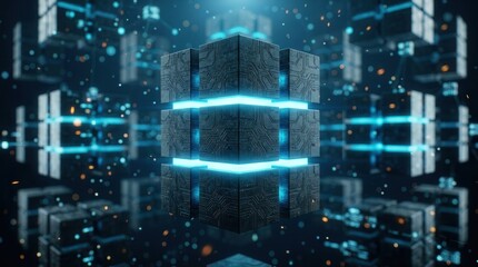 Glowing server blocks represent a database migration visualization with data flow and node connections.