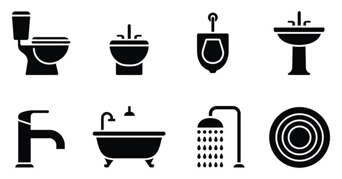 Bathroom fixtures vector including toilet urinal sink faucet bathtub shower drain icons for plumbing illustration