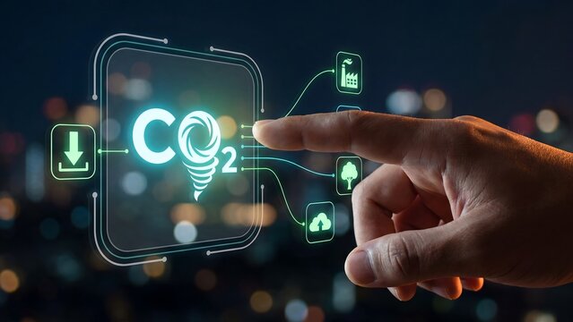 Carbon dioxide reduction concept with finger touching glowing CO2 emission symbol connected to factory, tree, cloud and download arrow icons for sustainability and climate action