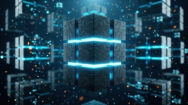 Glowing server blocks represent a database migration visualization with data flow and node connections.