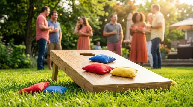 Colorful bean bags on a wooden cornhole board in a green lawn setting.