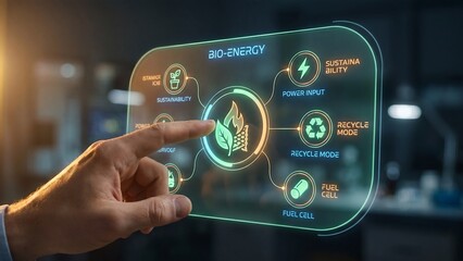 Fototapeta premium Bioenergy and biomass concept with finger touching glowing futuristic screen showing green flame leaf connected to sustainability, fuel cell, recycle mode and power input icons