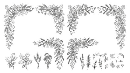 Vintage Rustic Boho Floral Corner Frame Constructor Set with Oak Leaves, Wheat Stems and Climbing Vines – Botanical Line Art Vector Collection © Deshan