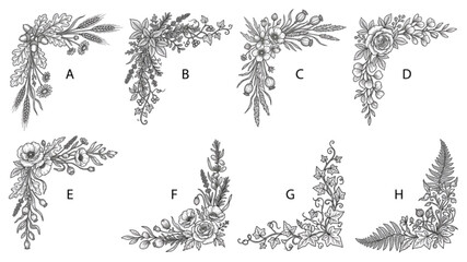 Vintage Rustic Boho Floral Corner Frame Constructor Set with Oak Leaves, Wheat Stems and Climbing Vines – Botanical Line Art Vector Collection © Deshan
