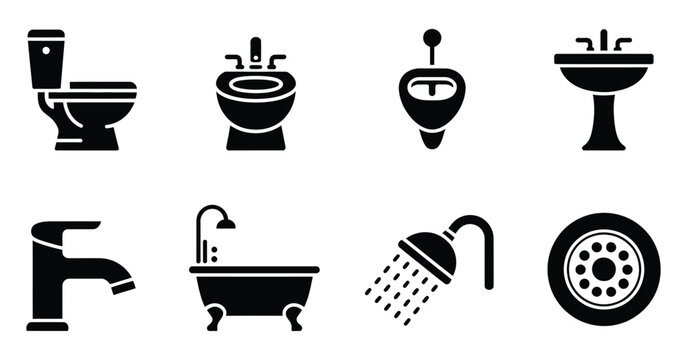 Bathroom fixtures vector featuring toilet urinal sink faucet bathtub shower drain icons isolated on