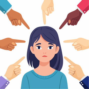 Woman being blamed and pointed at by multiple hands