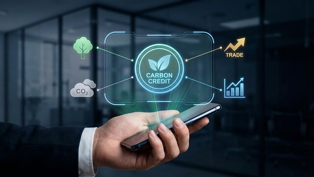 Carbon credit trading concept with businessman holding smartphone showing glowing eco leaf emblem connected to tree, CO2 cloud, trade arrow and growth chart for emission offset