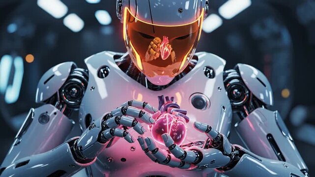 Humanoid robot holding glowing artificial heart in futuristic lab setting