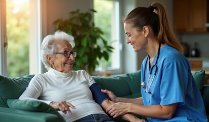 Obraz premium Nurse checks elderly woman blood pressure at home. Caregiver measures vitals for senior patient on couch. Home health aide visits patient, caring and kind interaction.