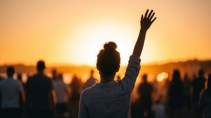 Fototapeta premium A team finding passion and purpose during an inspiring sunset to drive dedication and resilience.