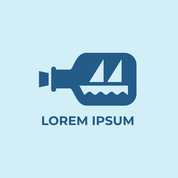 Minimalist Ship in a Bottle Vector Icon and Logo Design. Silhouette vector illustration of a small sailing ship inside a glass bottle. Perfect for coffee shop logos, nautical cafe branding, and home d