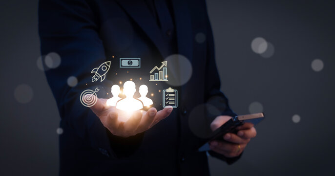 Business professional hand with digital CRM interface object performing client data management action through marketing technology in corporate environment.