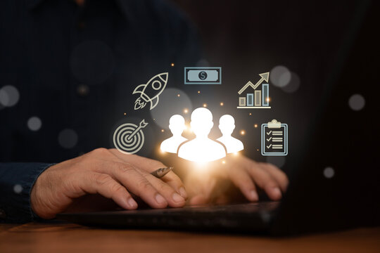 Business professional hand with digital CRM interface object performing client data management action through marketing technology in corporate environment.