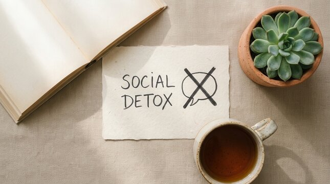 Social detox concept with a note and a crossed out speech bubble for digital wellbeing.