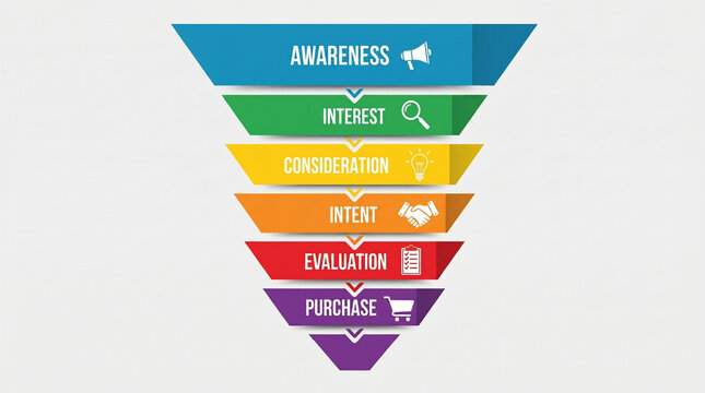 Colorful inverted funnel diagram with icons &mdash; visual representation of customer journey stages from awareness to purchase, symbolizing marketing strategy and sales process flow