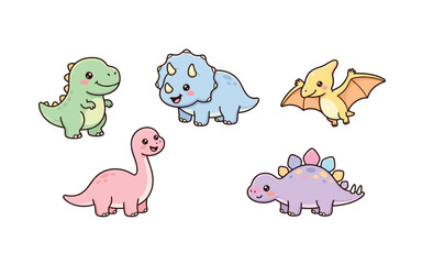 Naklejka premium Cute Kawaii Dinosaur Characters Cartoon Collection
