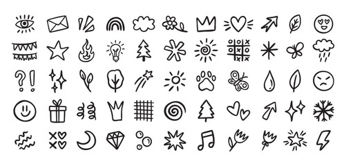 Cute mini doodle icons for primary school, smiles and symbols, line art outline contour, monochrome, hand drawn