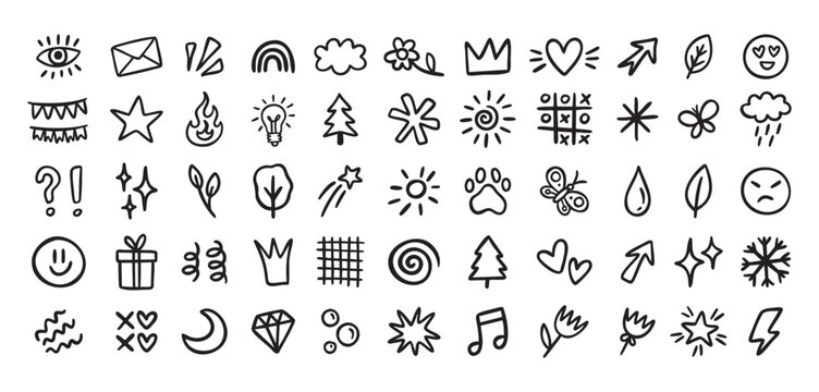 Cute mini doodle icons for primary school, smiles and symbols, line art outline contour, monochrome, hand drawn