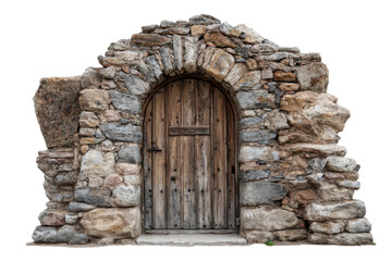 Fototapeta premium Ancient stone archway with wooden door isolated on transparent background.