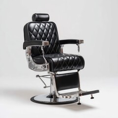Naklejka premium Black quilted barber chair with chrome accents and footrest