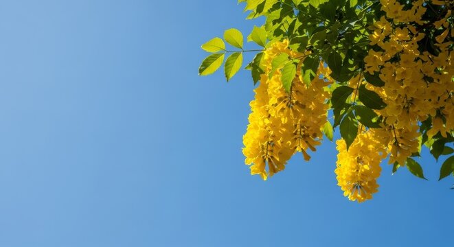 Golden Chain Tree Blossoms Against a Clear Blue Sky.