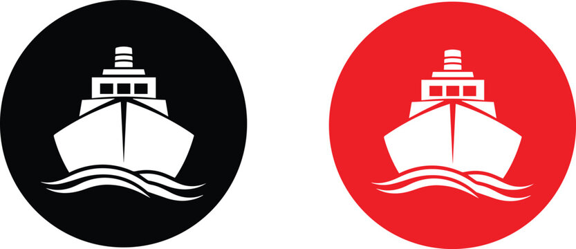 White ship on black and red circles, sailing on waves boat vessel water