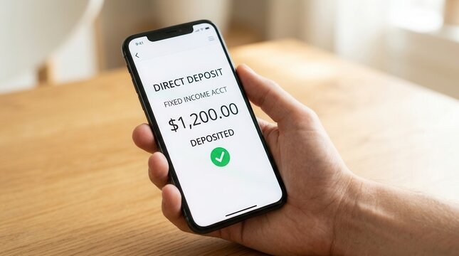 Mobile banking app shows successful direct deposit confirmation for payroll.