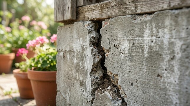 Cracked house foundation showing visible structural damage and home defect.