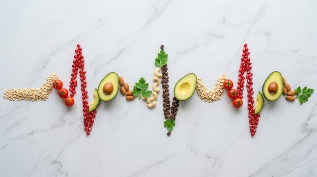 Healthy nutrition and food impact on health shown through a heartbeat line of fresh ingredients.
