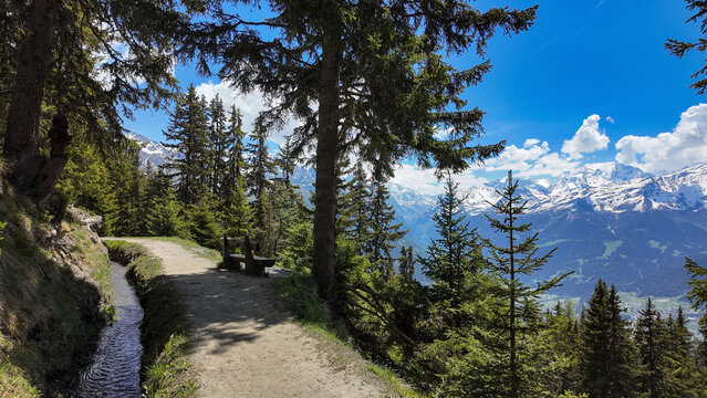 Hiking trail with bisse and mountain view in Verbier Swiss Alps