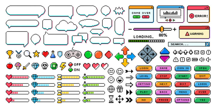 Set of 8 bit pixel video game element, dialogue box, speech bubble, gaming button and mobile or computer interface. Halftone game icon, message frame and vintage comic sticker for cyberspace business.