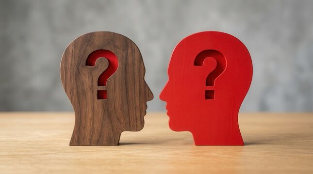 Two wooden head silhouettes facing each other with red question marks representing open-mindedness.