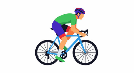 Fototapeta premium A stylized cyclist in green and blue attire races forward on a blue bicycle