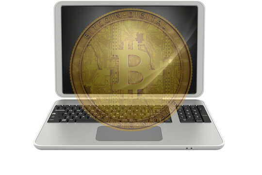 Moneta Bitcoin digitale semi‑trasparente sovrapposta a un laptop, simbolo di criptovalute, blockchain e transazioni online. Ideale per temi finanza digitale, tecnologia e investimento moderno.