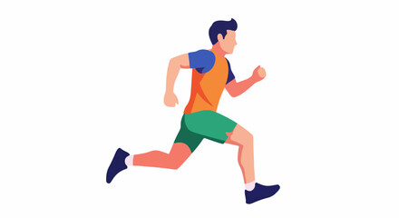 Obraz premium A male runner in a flat illustration style, mid-stride, with orange, blue, and green attire