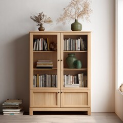 Fototapeta premium Natural wood cabinet with glass doors, filled with books and decorative items