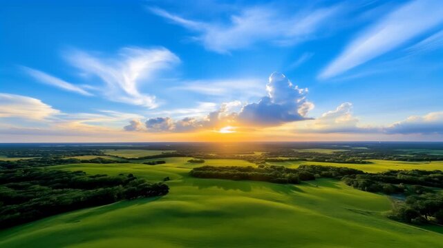 Beautiful aerial drone panoramic view of rolling green hills and meadows during sunset with golden sunrays piercing clouds