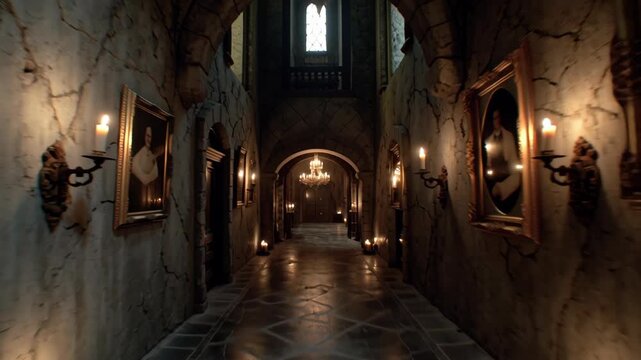 First person view walking through a candlelit gothic horror castle hall for halloween