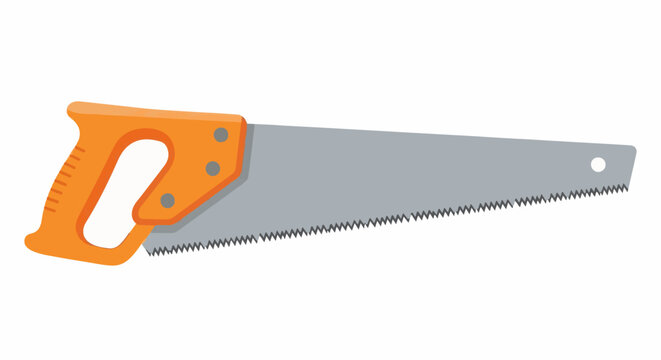 A simple graphic of a hand saw with an orange handle and grey blade against a white background