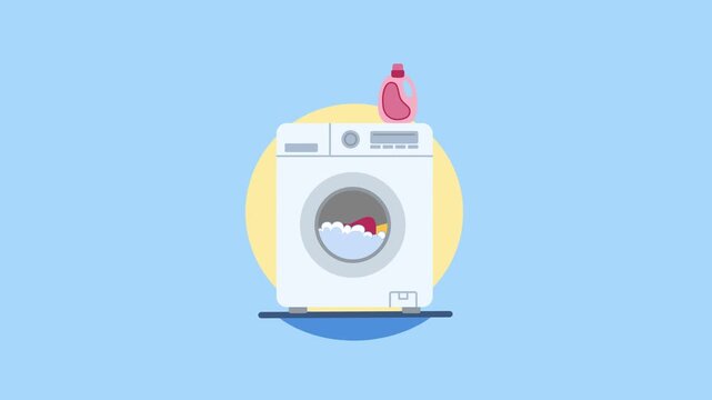 Animated Washing Machine with colorful clothes and pink detergent