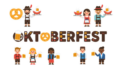 Fototapeta premium Oktoberfest Celebration: A vibrant illustration of Oktoberfest festivities, featuring traditional Bavarian attire, pretzels, and beer, all celebrating the joy and spirit of the German festival