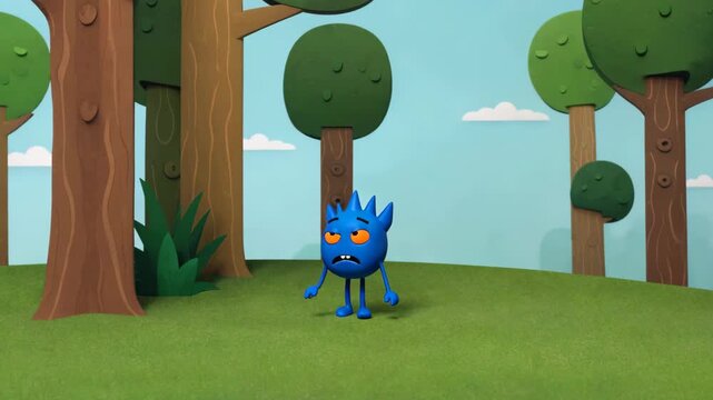Blue cartoon character 3D scene in the forest cartoon little monster forest