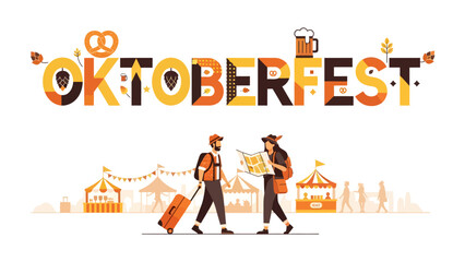 Naklejka premium Oktoberfest Festival Scene: A vibrant illustration depicts the essence of Oktoberfest with stylized lettering and a bustling festival ground featuring tents, beer, and people exploring.